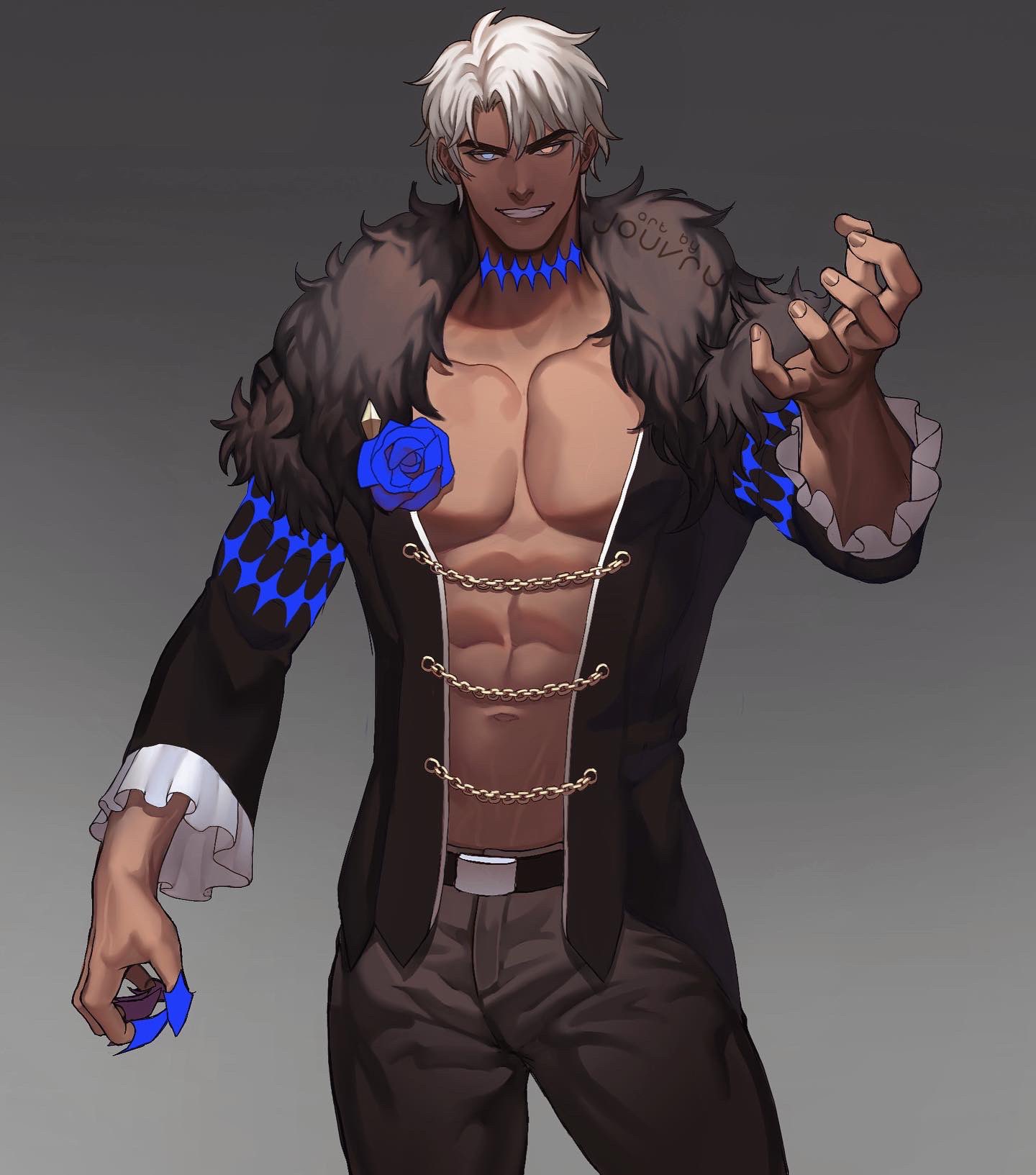 1boy abs belt blue_eyes blue_flower blue_rose chain commentary commission cowboy_shot dark_skin dark_skinned_male english_commentary flower frilled_sleeves frills fur-trimmed_jacket fur_trim gold_chain grey_background grin heterochromia highres jacket jouvru long_sleeves looking_at_viewer male_focus muscle open_clothes orange_eyes original pants pectorals rose shirtless simple_background smile solo symbol_commentary thick_eyebrows white_hair