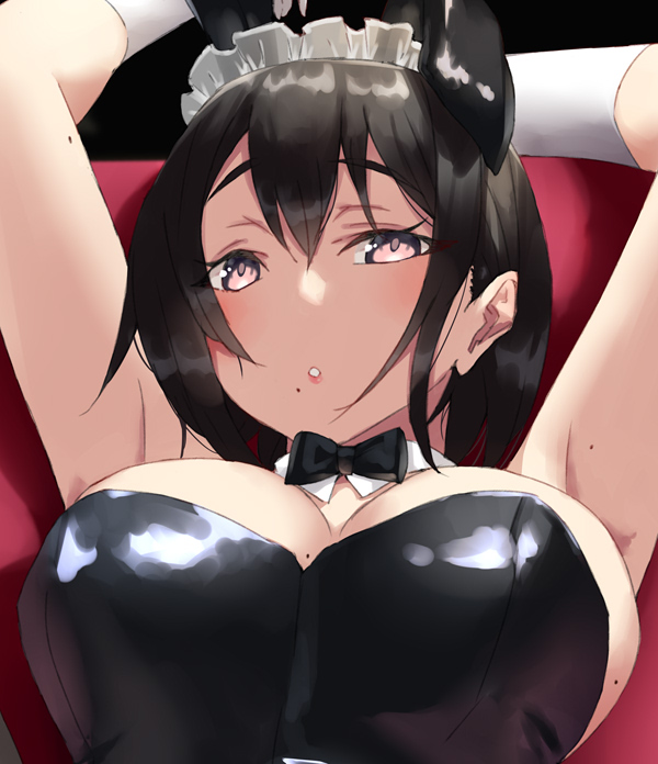 animal_ears armpits arms_up bangs blush bow bowtie breasts brown_hair collar gloves hair_between_eyes jonsun large_breasts maid_headdress mole mole_on_arm mole_on_armpits mole_on_breast mole_under_mouth open_mouth original playboy_bunny rabbit_ears white_gloves