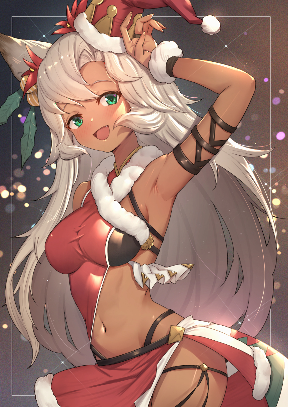 1girl :d animal_ears arm_strap arm_up armpits bare_shoulders blush breasts brown_background commentary_request cowboy_shot dark_skin erune fang fur_trim gradient gradient_background granblue_fantasy green_eyes hair_ornament hat highres holly jewelry long_hair looking_at_viewer medium_breasts miniskirt navel nemone open_mouth red_headwear red_skirt revealing_clothes ring santa_hat silver_hair skirt smile solo stomach straight_hair thong uneg very_long_hair