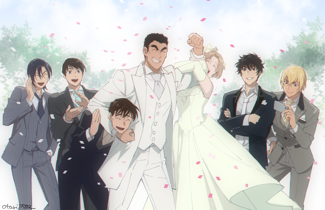 1girl 6+boys :d ^_^ amuro_tooru arm_around_neck bangs black_hair black_jacket black_neckwear black_pants blonde_hair blue_neckwear bride brown_hair buttons cellphone clapping clenched_hand closed_eyes closed_mouth commentary_request confetti couple crossed_arms dark_skin dark_skinned_male date_wataru day dress elbow_gloves flower formal gloves good_end grey_jacket grey_pants grey_suit grey_vest grin groom hagiwara_kenji hair_between_eyes hair_flower hair_ornament hand_in_pocket hand_on_hip happy hetero holding holding_phone indesign jacket kuruma_natalie lifting_person long_sleeves looking_at_another loose_necktie matsuda_jinpei meitantei_conan multiple_boys necktie open_clothes open_jacket open_mouth pants phone scotch_(meitantei_conan) shirt short_hair signature smile standing striped striped_legwear striped_neckwear suit takagi_wataru_(meitantei_conan) teeth thick_eyebrows tree upper_teeth vertical-striped_jacket vertical-striped_legwear vertical-striped_pants vertical-striped_vest vertical_stripes vest wedding wedding_dress what_if white_dress white_gloves white_jacket white_pants white_shirt white_suit white_vest