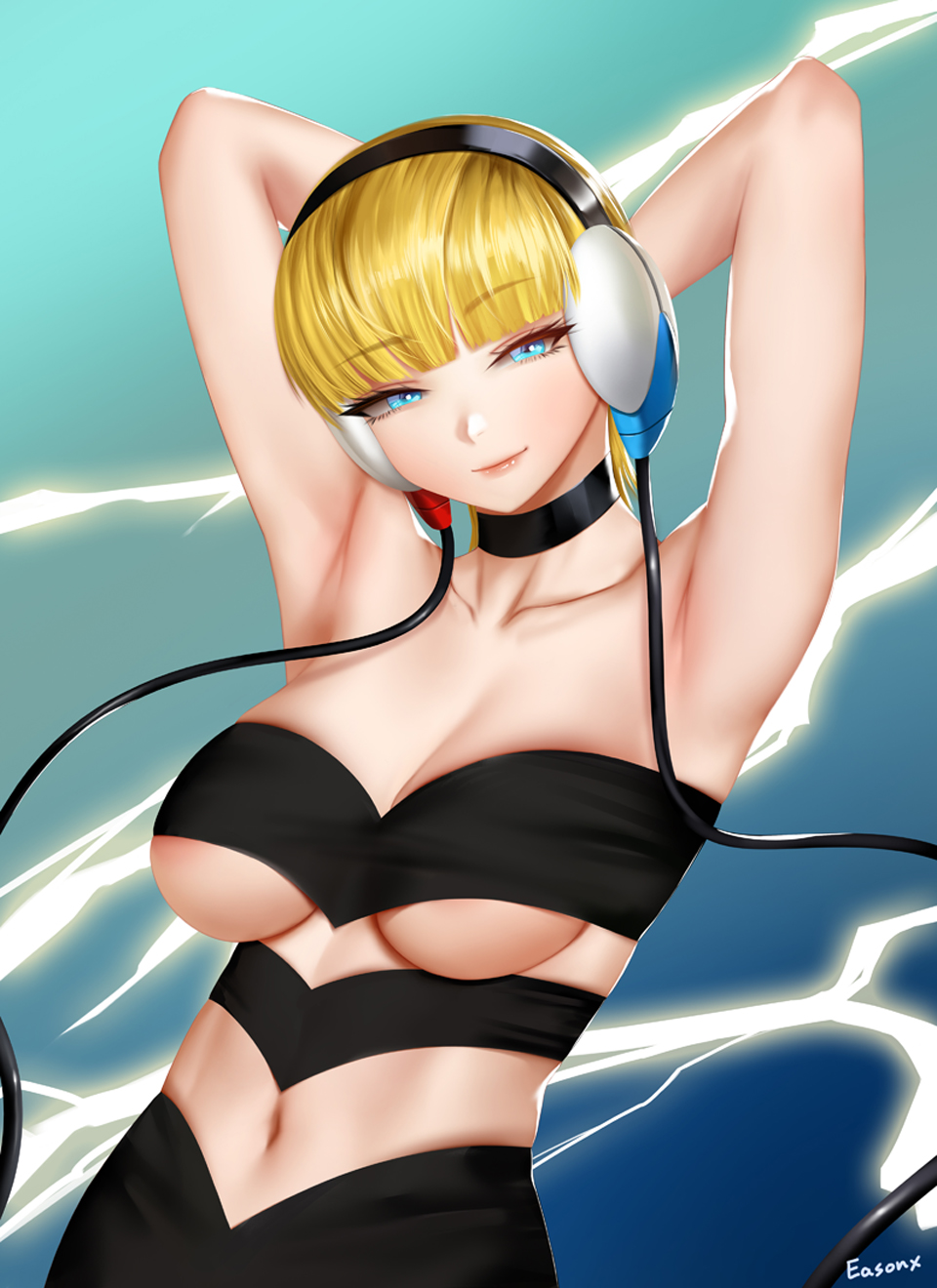 1girl armpits arms_up bandeau bangs bare_shoulders black_choker blonde_hair blue_eyes breasts breasts_apart choker collarbone easonx electricity elesa_(pokemon) eyebrows_visible_through_hair gradient gradient_background headphones highres large_breasts looking_at_viewer navel pokemon short_hair smile solo strapless under_boob