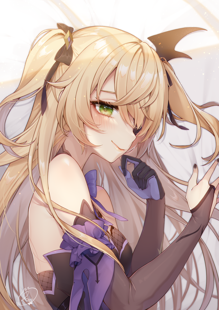 1girl bangs bare_shoulders bat_hair_ornament black_eyepatch black_gloves black_nails blonde_hair blush breasts bridal_gauntlets closed_mouth commentary_request elbow_gloves eyepatch fischl_(genshin_impact) genshin_impact gloves green_eyes hair_ornament hair_over_one_eye hair_ribbon highres long_hair looking_at_viewer lying on_side purple_gloves ribbon ripu_(sherypton) signature smile solo two-tone_gloves two_side_up upper_body