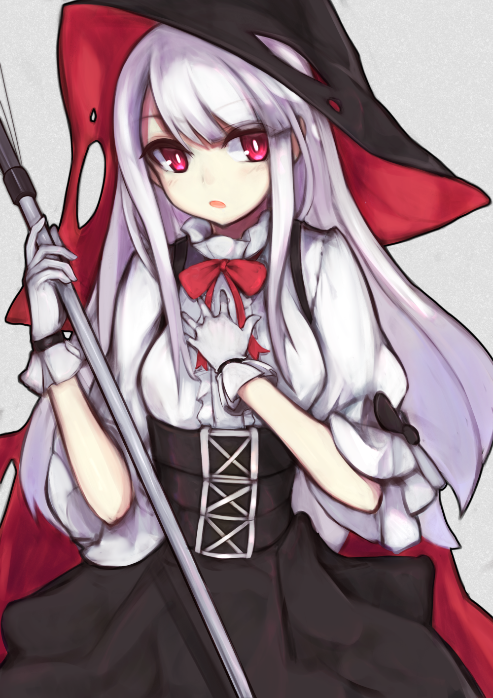 1girl azur_lane bangs black_headwear black_skirt bow bowtie breasts erebus_(azur_lane) eyebrows_visible_through_hair gloves hand_on_breast highres holding holding_wand long_hair looking_at_viewer marshall_k neck_ribbon open_mouth red_bow red_bowtie red_ribbon ribbon shirt silver_hair skirt small_breasts solo suspender_skirt suspenders upper_body violet_eyes wand white_background white_gloves white_shirt