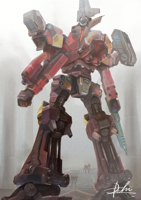 armored_core artist_name clenched_hand gun holding holding_gun holding_weapon hukutuuprunes mecha no_humans outdoors robot standing weapon