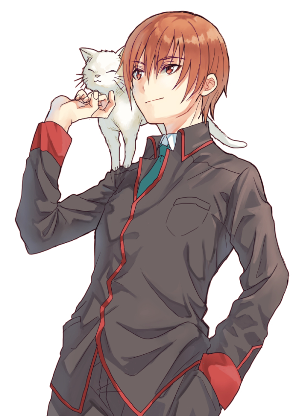 1boy black_pants brown_hair cat commentary_request commission cowboy_shot hand_in_pocket lennon little_busters!! male_focus mitsuyo_(mituyo324) natsume_kyousuke pants red_eyes school_uniform simple_background white_background