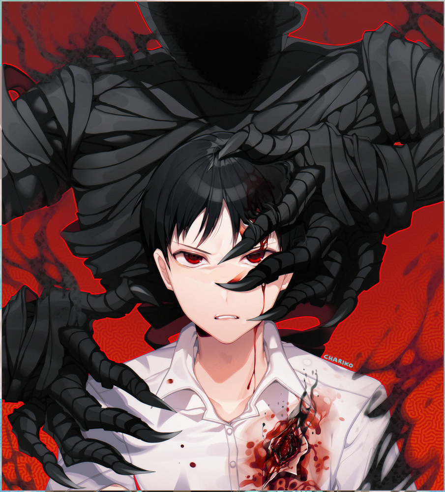 1boy ajin_(sakurai_gamon) aura bandaged_arm bandaged_hands bandages black_hair bleeding blood blood_on_face bloody_clothes chariko claws collarbone dark_aura deep_wound hand_on_another's_face hand_on_another's_head injury male_focus monster outline parted_lips patterned patterned_background red_background red_eyes red_outline shadow signature smeared_blood upper_body