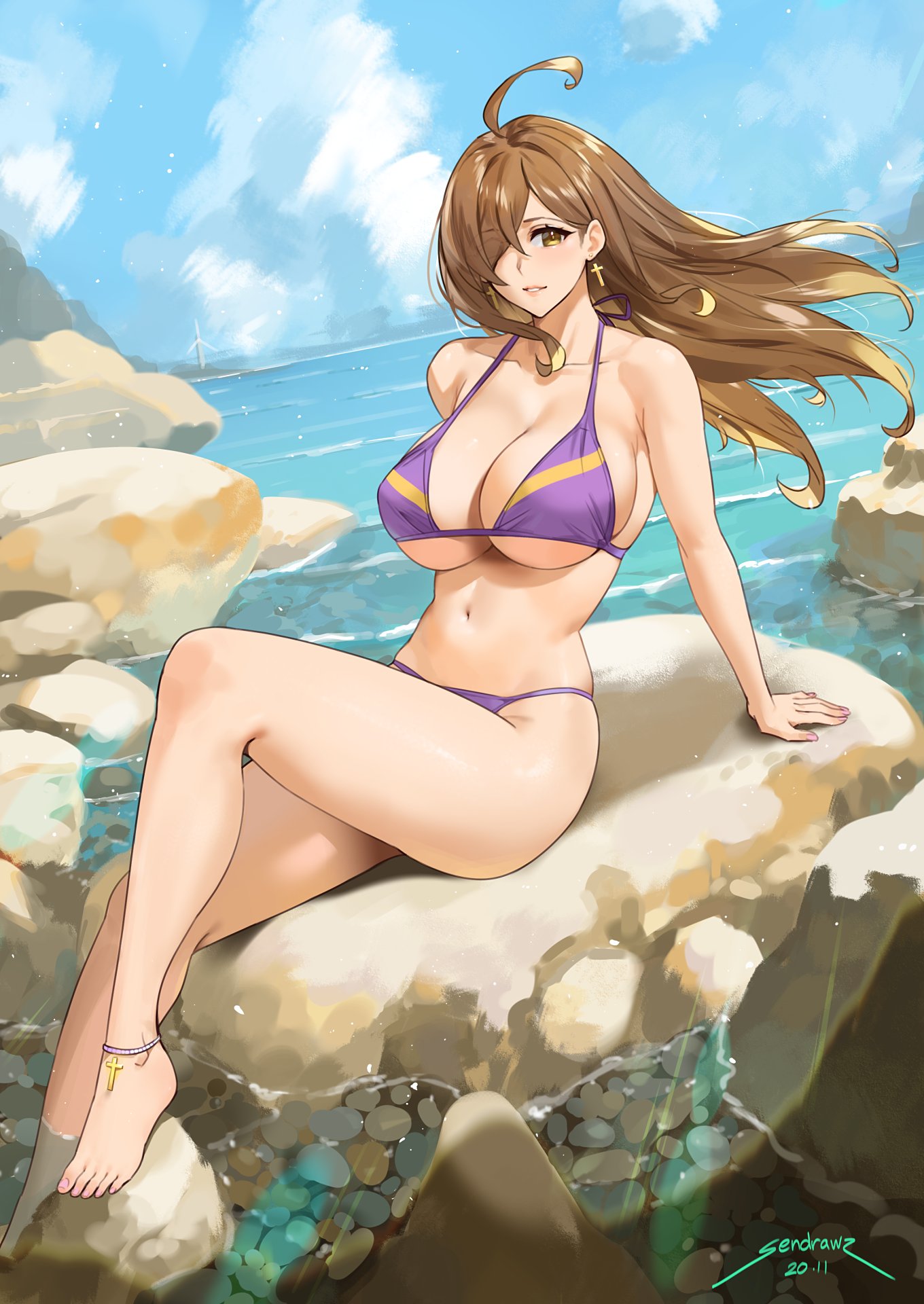 1girl ahoge bangs bare_shoulders beach bikini blue_sky blush breasts brown_eyes brown_hair collarbone cross cross_earrings earrings hair_over_one_eye highres jewelry knee_up kono_subarashii_sekai_ni_shukufuku_wo! large_breasts latin_cross legs long_hair looking_at_viewer navel purple_bikini rock sendrawz sitting sky smile swimsuit wiz_(konosuba)