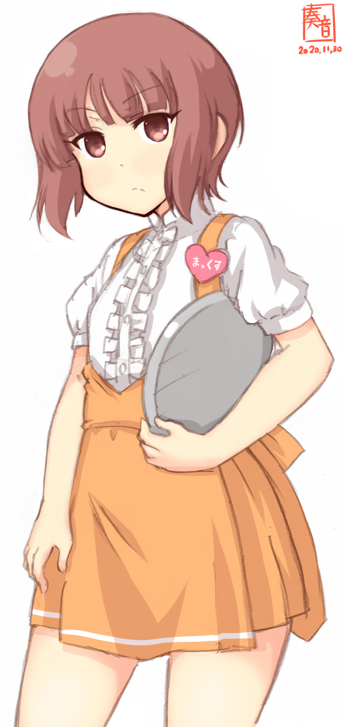 1girl alternate_costume anna_miller apron artist_logo badge blouse brown_eyes brown_hair commentary_request cowboy_shot dated employee_uniform frilled_blouse highres kanon_(kurogane_knights) kantai_collection looking_at_viewer name_tag orange_apron orange_skirt short_hair short_sleeves simple_background skirt solo uniform waitress white_background white_blouse z3_max_schultz_(kantai_collection)