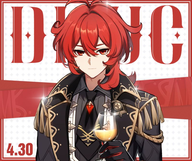 1boy antenna_hair artist_request background_text bangs black_jacket character_name closed_mouth cup dated diluc_(genshin_impact) drinking_glass genshin_impact gloves hair_between_eyes holding holding_cup jacket long_hair long_sleeves male_focus official_art red_eyes redhead simple_background solo sparkle upper_body wine_glass