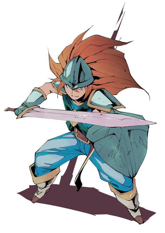 1boy armor belt belt_buckle blue_eyes buckle fighting_stance gauntlets hair_between_eyes hatching_(texture) helmet holding holding_sword holding_weapon long_hair male_focus ngra201 orange_hair parted_lips pauldrons seiken_densetsu seiken_densetsu_3 shield shoulder_armor simple_background solo standing sword weapon white_background