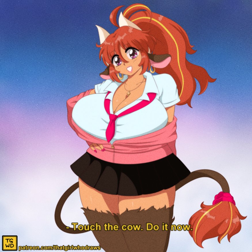1girl animal_ears bangs breasts collared_shirt cow_ears cow_girl cow_horns cow_tail cross cross_necklace dark_skin dark-skinned_female earrings english_text eyebrows_visible_through_hair eyelashes fake_screenshot fur gradient gradient_background gyaru highlights horns huge_breasts jacket jewelry lipstick makeup miniskirt minotaur monster_girl multicolored_hair necklace necktie open_clothes original pink_eyes pink_jacket pleated_skirt plump ponytail redhead retro_artstyle scrunchie shirt skirt smile solo streaked_hair tail thatgrlwhodraws thick_thighs thighs vhs_artifacts white_shirt