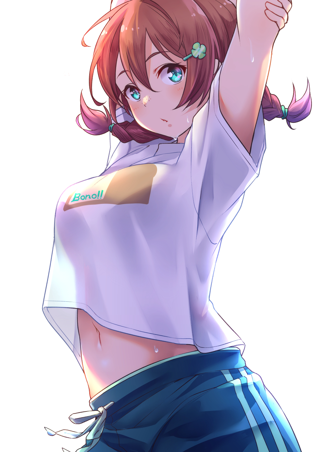1girl aqua_eyes arms_up bangs blue_shorts blush braid breasts brown_hair clover_hair_ornament commentary_request cowboy_shot emma_verde four-leaf_clover_hair_ornament hair_ornament highres kanabun large_breasts long_hair looking_at_viewer love_live! love_live!_nijigasaki_high_school_idol_club midriff_peek navel parted_lips see-through_silhouette shirt short_sleeves shorts solo stretch twin_braids twintails white_shirt