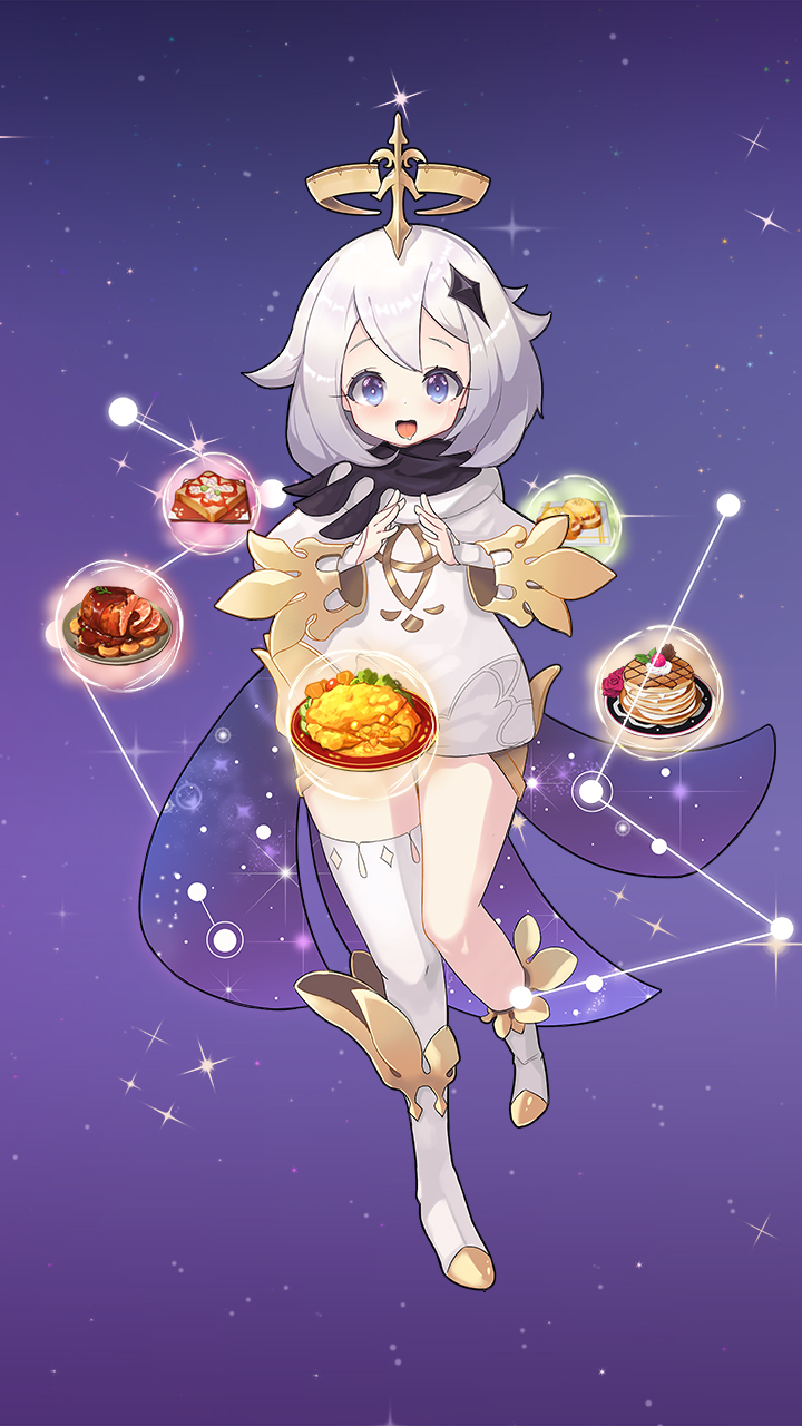 1girl asymmetrical_legwear blue_eyes blush cape dress food_request genshin_impact hair_between_eyes halo highres jamgom looking_at_viewer open_mouth paimon_(genshin_impact) scarf short_hair sky star_(sky) star_(symbol) starry_background starry_sky white_dress white_hair