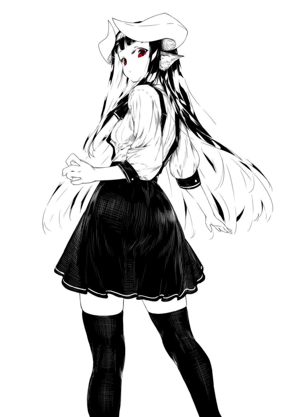 1girl bangs black_hair black_legwear black_skirt blunt_bangs commentary_request cropped_legs floating_hair frown greyscale highres horned_girl_(jaco) horns jaco looking_at_viewer looking_back monochrome original outstretched_arms pleated_skirt pointy_ears red_eyes short_sleeves simple_background skindentation skirt thigh-highs white_background zettai_ryouiki