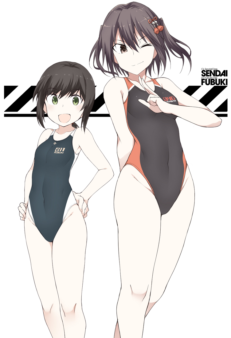 2girls :d anchor_symbol bare_arms bare_legs bare_shoulders black_hair black_swimsuit brown_eyes character_name closed_mouth clothes_writing collarbone eyebrows_visible_through_hair feet_out_of_frame fubuki_(kantai_collection) green_eyes groin hair_between_eyes kantai_collection multiple_girls one_eye_closed open_mouth sendai_(kantai_collection) shigino_sohuzi short_hair smile swimsuit two_side_up