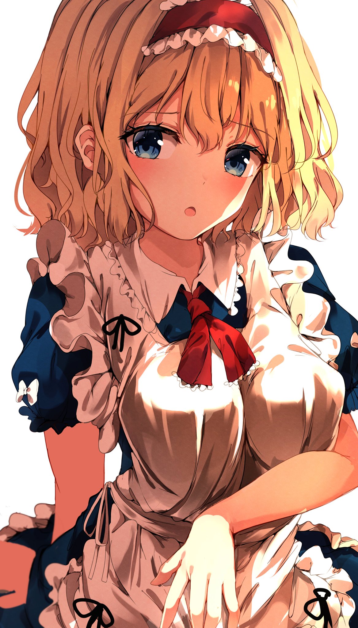 1girl :o alice_margatroid alternate_costume apron arm_behind_back bangs black_ribbon blonde_hair blue_dress blue_eyes blush bow breasts collar collared_dress commentary dress enmaided eyebrows_visible_through_hair frilled_collar frilled_dress frilled_hairband frilled_sleeves frills hairband highres hunya lolita_hairband looking_at_viewer maid maid_apron neck_ribbon open_mouth puffy_short_sleeves puffy_sleeves red_hairband red_neckwear red_ribbon ribbon shadow short_hair short_sleeves shy sidelocks simple_background solo taut_clothes touhou white_apron white_background white_bow white_ribbon wing_collar