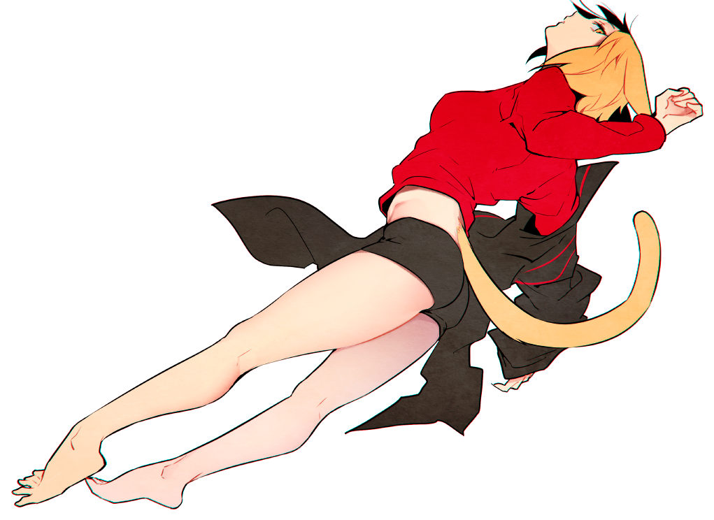 1girl animal_ears bangs black_jacket black_shorts blonde_hair breasts commentary_request from_above from_side full_body genderswap genderswap_(mtf) izumi_kouhei jacket long_sleeves looking_at_viewer lying parted_lips pepper_fever red_shirt shirt short_hair short_shorts shorts simple_background solo sweatshirt tail white_background world_trigger yellow_eyes