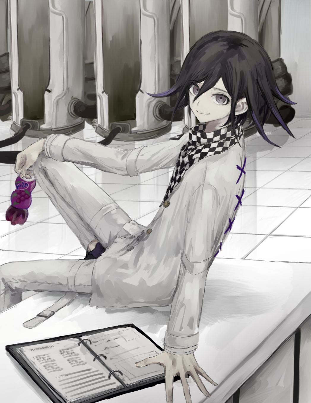 1boy bangs binder black_hair bottle checkered checkered_neckwear checkered_scarf dangan_ronpa eyebrows_visible_through_hair fanta hair_between_eyes highres holding iumi_urura long_sleeves male_focus new_dangan_ronpa_v3 ouma_kokichi scarf sitting smile soda_bottle solo straitjacket