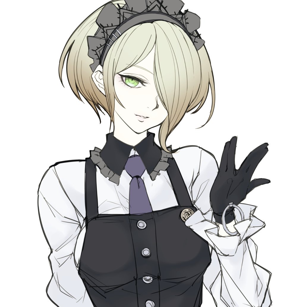 1girl black_gloves blonde_hair dangan_ronpa frills gloves green_eyes hair_over_one_eye looking_at_viewer maid maid_day maid_headdress necktie neckwear new_dangan_ronpa_v3 ngra201 parted_lips purple_neckwear short_hair simple_background sketch smile solo upper_body white_background