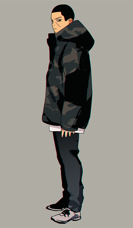 1boy arm_at_side black_coat black_eyes black_hair buzz_cut casual coat contemporary full_body golden_kamuy grey_background hood hood_down looking_at_viewer male_focus pants shoes short_hair sneakers solo standing tr_(lauralauraluara) tsukishima_hajime very_short_hair