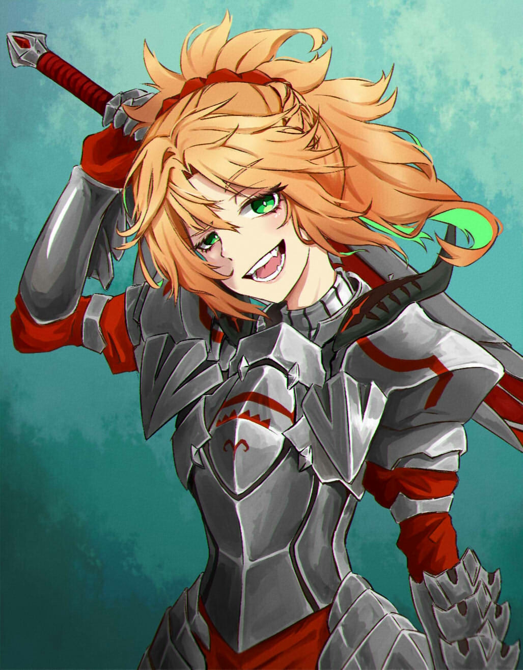 1girl armor blonde_hair blush braid clarent cowboy_shot crown_braid fate/grand_order fate_(series) french_braid gillian green_eyes highres looking_at_viewer mordred_(fate) mordred_(fate)_(all) open_mouth over_shoulder ponytail sharp_teeth short_hair smile solo teeth tongue weapon weapon_over_shoulder