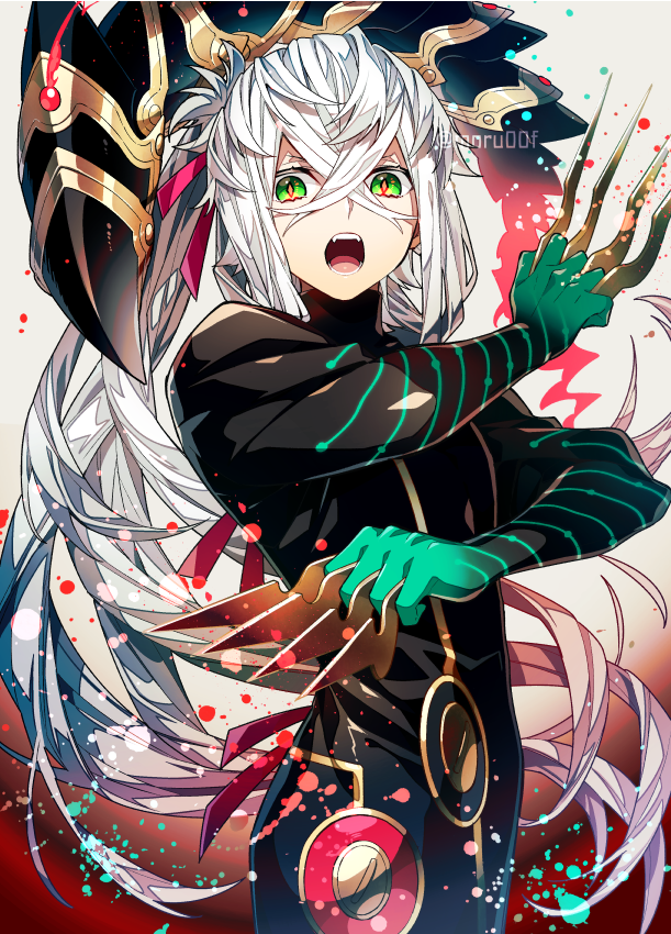 1boy asclepius_(fate) bangs black_jacket cowboy_shot crossed_bangs fangs fate/grand_order fate_(series) gloves green_eyes hair_between_eyes hair_ribbon holding holding_knife holding_weapon jacket knife knives_between_fingers long_hair long_sleeves looking_at_viewer male_focus moru00f open_mouth paint_splatter pantyhose ponytail ribbon sidelocks silver_hair slit_pupils solo standing tight upper_body weapon white_background white_hair