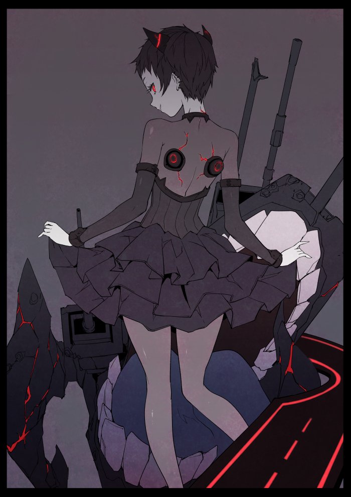 1girl abyssal_ship alternate_hair_length alternate_hairstyle back black_hair blue_tongue crack ear_piercing earrings glowing glowing_eye grin horns isolated_island_oni jewelry kantai_collection looking_back monster ngra201 open_mouth pantyhose parted_lips piercing red_eyes short_hair skirt smile teeth tongue