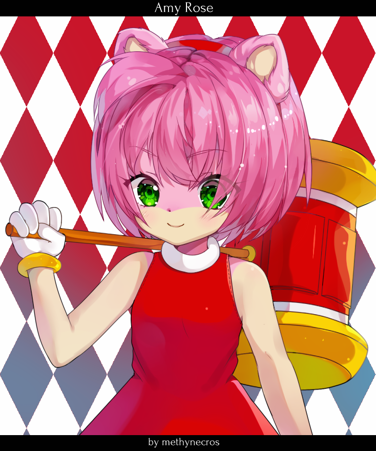 1girl ahoge amy_rose animal_ears argyle argyle_background artist_name bangs bare_shoulders blush character_name closed_mouth commentary dress eyebrows_visible_through_hair eyes_visible_through_hair flat_chest furry gloves green_eyes hairband hammer hand_up happy holding letterboxed light_blush methynecros pink_hair red_background red_dress red_hairband shiny shiny_hair short_hair simple_background sleeveless sleeveless_dress smile solo sonic_the_hedgehog standing upper_body v-shaped_eyebrows watermark white_gloves