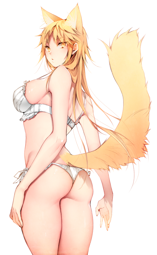 1girl animal_ears ass bangs bare_shoulders blonde_hair bra breasts cat_ears cat_girl cat_tail closed_mouth commentary_request eyebrows_visible_through_hair from_behind genderswap genderswap_(mtf) izumi_kouhei large_breasts long_hair looking_at_viewer looking_back panties pepper_fever simple_background solo standing tail underwear white_background white_bra white_panties world_trigger yellow_eyes