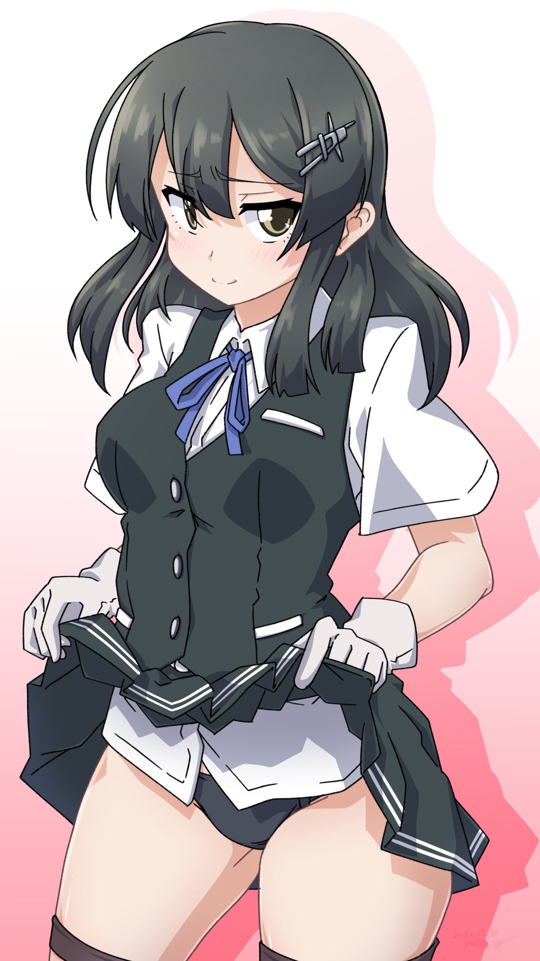 547th_sy black_hair black_panties black_skirt black_vest blue_neckwear blue_ribbon commentary_request contrapposto cowboy_shot gloves gradient gradient_background grey_eyes hair_ornament hairclip highres kantai_collection neck_ribbon oyashio_(kantai_collection) panties pink_background pleated_skirt ribbon shadow shirt short_sleeves skirt skirt_lift standing thigh_strap underwear vest white_background white_gloves white_shirt