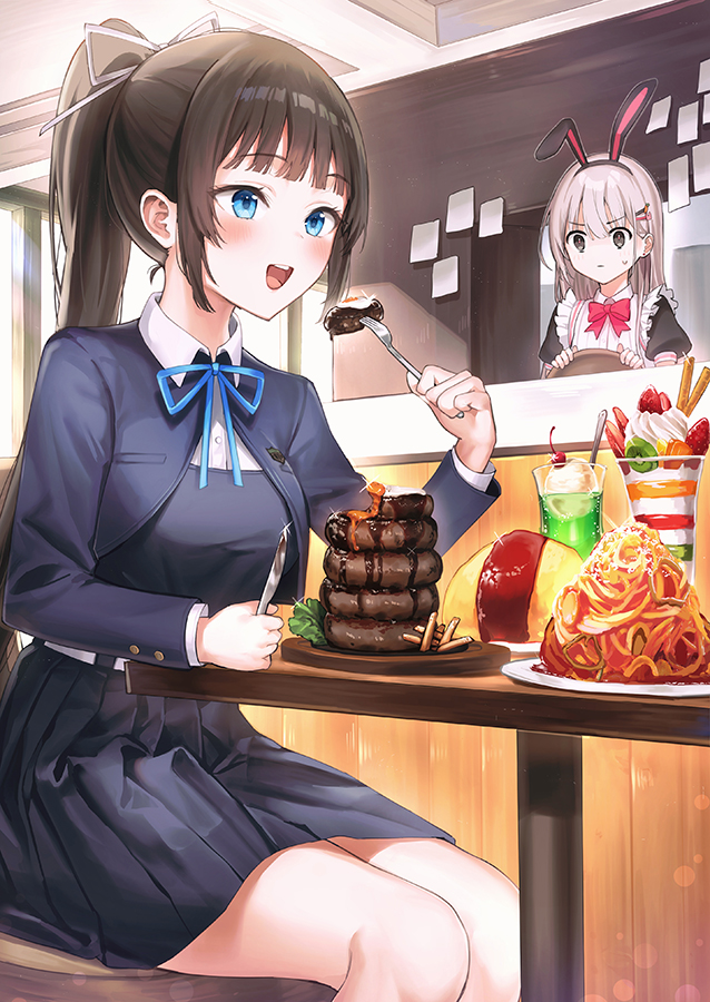 2girls animal_ears bangs black_jacket black_skirt blue_eyes blue_ribbon blush closed_mouth commentary_request fake_animal_ears food fork grey_hair hair_ornament hairclip high_ponytail holding holding_food holding_fork indoors jacket long_hair long_sleeves looking_at_another multiple_girls open_mouth original pleated_skirt ponytail puffy_short_sleeves puffy_sleeves rabbit_ears rangu ribbon shirt short_sleeves sitting skirt smile sweatdrop usagyaru_(rangu) white_shirt