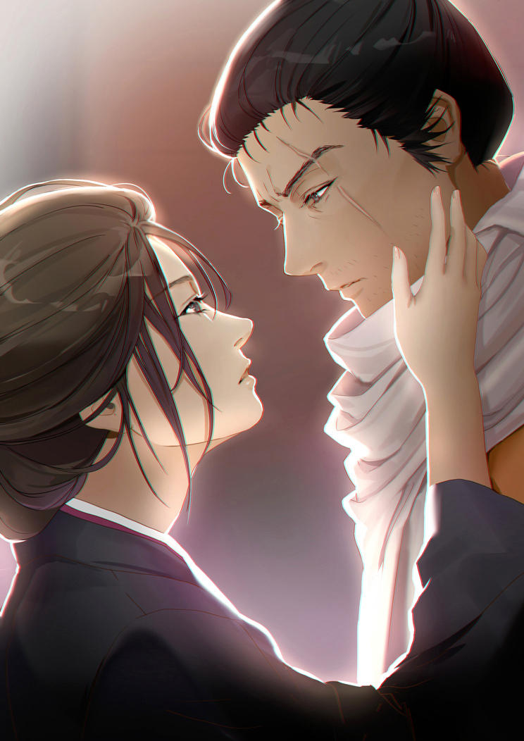 1boy 1girl bangs black_hair black_kimono blurry blurry_background brown_hair depth_of_field emma_the_gentle_blade eye_contact facial_hair from_side green_eyes hair_slicked_back half-closed_eye hand_on_another's_cheek hand_on_another's_face height_difference hetero japanese_clothes kimono lloule long_sleeves looking_at_another parted_lips profile scar scar_across_eye scarf sekiro sekiro:_shadows_die_twice short_hair upper_body weapon white_scarf