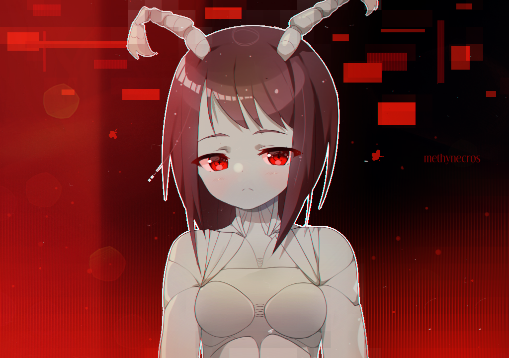 +_+ 1girl antennae artist_name bangs blush breasts brown_hair closed_mouth collarbone commentary english_commentary grey_skin half-closed_eyes insect_girl looking_at_viewer methynecros original outline red_background red_eyes shiny shiny_hair short_hair simple_background small_breasts solo swept_bangs upper_body watermark white_outline