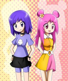 2girls absurdres ami_onuki blue_eyes hi_hi_puffy_amiyumi long_hair multicolored multicolored_background multiple_girls open_mouth pink_eyes pink_hair purple_hair short_hair smile yumi_yoshimura