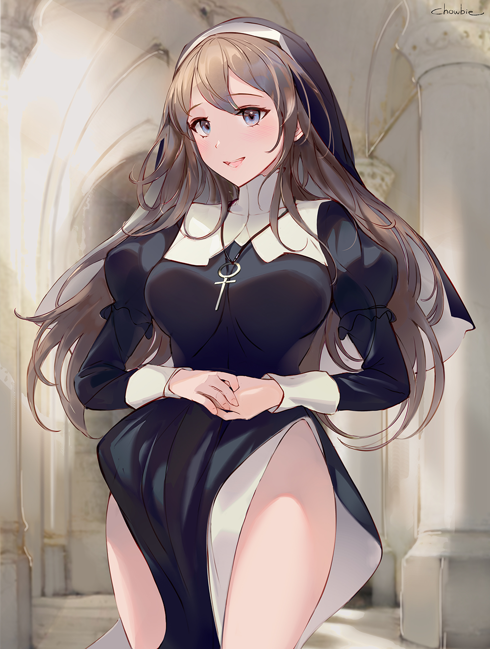 1girl bangs blue_eyes blush breasts chowbie commentary cross cross_necklace habit hands_together highres jewelry large_breasts light_brown_hair long_hair necklace no_panties nun open_mouth original revision side_slit solo thighs veil