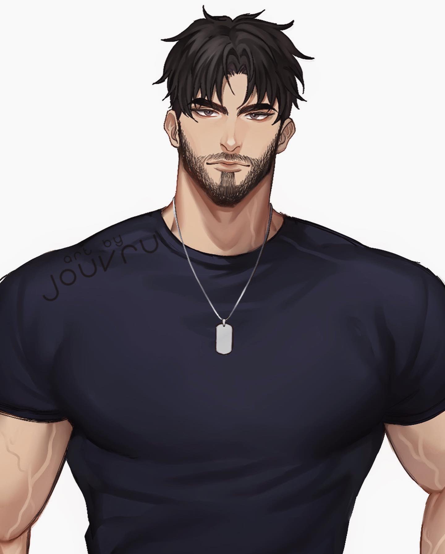 1boy bangs beard belt black_hair blue_shirt brown_eyes character_request closed_mouth commentary commission copyright_request dog_tags english_commentary facial_hair highres jouvru looking_at_viewer male_focus manly muscle pectorals shirt short_sleeves simple_background solo stubble symbol_commentary t-shirt upper_body veins