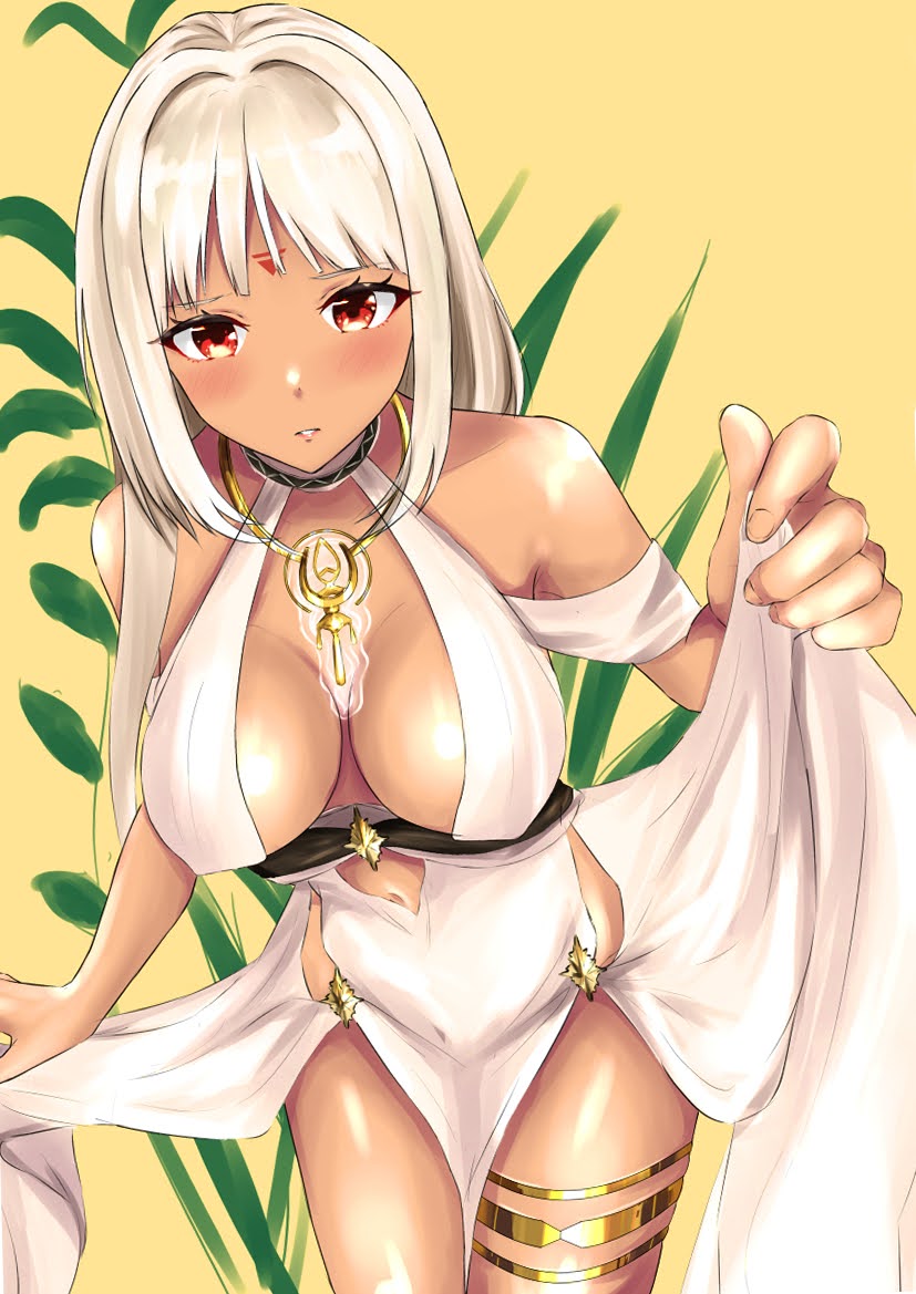 1girl azur_lane blush body_markings breasts breasts_apart center_opening cocktail_dress dark_skin dark-skinned_female dress dress_lift evening_gown facial_mark forehead_mark gold_choker grey_hair jewelry large_breasts leaning_forward massachusetts_(azur_lane) massachusetts_(dressed_to_impress)_(azur_lane) necklace red_eyes revealing_clothes saku_32607991 short_hair solo thigh_strap white_dress