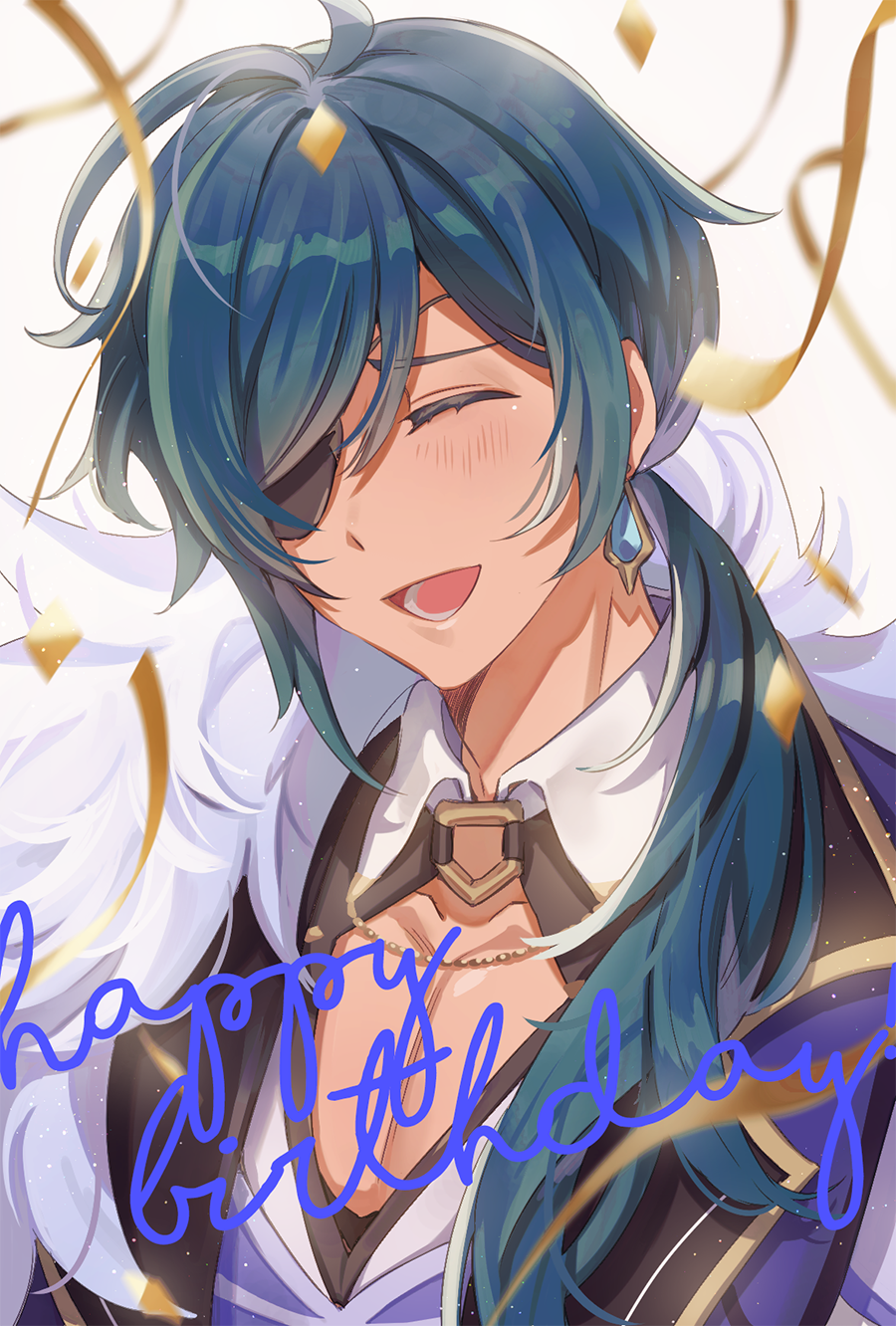 1boy bangs black_jacket blue_hair blush closed_eyes collarbone commentary_request confetti earrings eyebrows_visible_through_hair eyepatch facing_viewer genshin_impact grey_background happy_birthday highres jacket jewelry kaeya_(genshin_impact) long_hair low_ponytail male_focus ponytail shirt solo streamers tiny_(tini3030) upper_body white_shirt