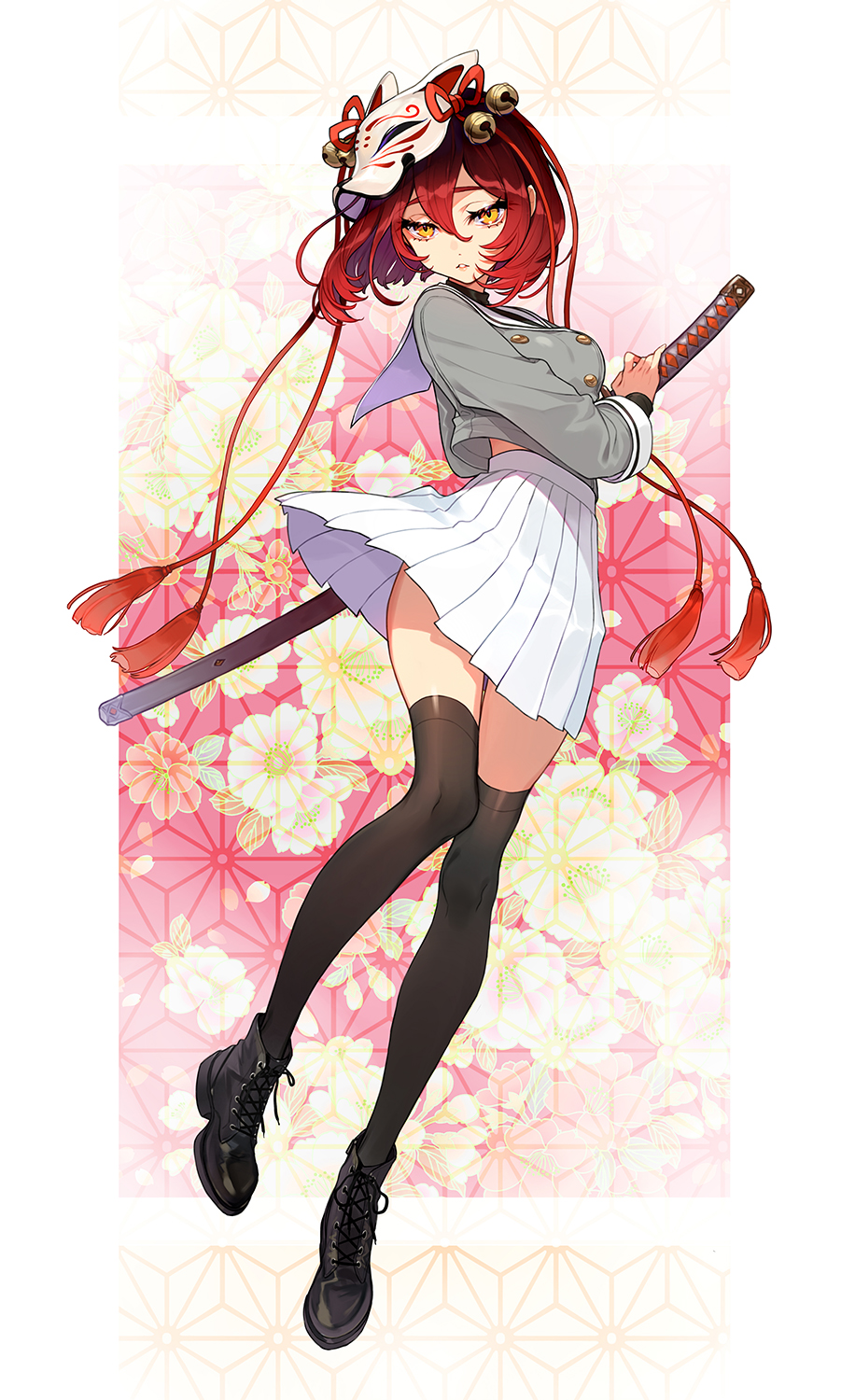 1girl bangs black_footwear black_legwear boots breasts collar commentary_request dress full_body grey_shirt hair_between_eyes hair_ornament highres holding holding_sword holding_weapon katana long_sleeves looking_at_viewer mask mask_on_head medium_hair original parted_lips redhead sailor_collar sailor_dress sheath sheathed shirt shoelaces simple_background skirt solo standing standing_on_one_leg sword thigh-highs thighs weapon white_sailor_collar white_skirt yellow_eyes yuu_(higashi_no_penguin) zettai_ryouiki