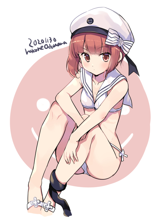 1girl bare_arms bare_shoulders bikini brown_eyes collarbone dated eyebrows_visible_through_hair hat kantai_collection odawara_hakone redhead sailor_collar sailor_hat santa_bikini short_hair solo swimsuit twitter_username white_bikini white_headwear white_sailor_collar z3_max_schultz_(kantai_collection)