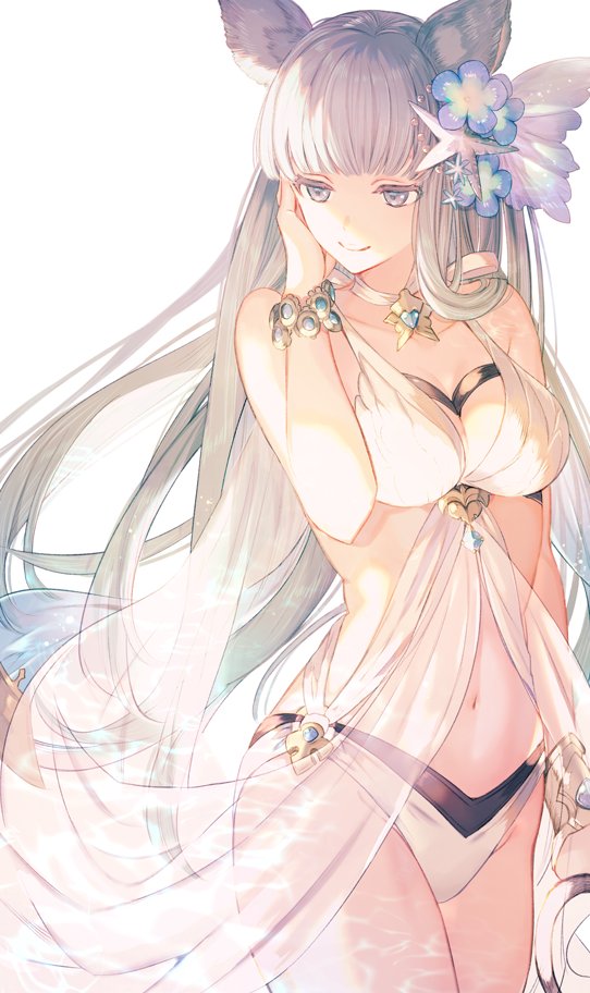 1girl a082 animal_ears bikini bracelet breasts erune flower granblue_fantasy grey_eyes hair_flower hair_ornament jewelry korwa long_hair medium_breasts navel silver_hair smile swimsuit white_background