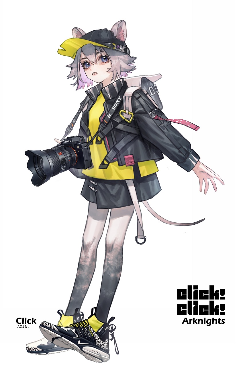 1girl ange-yi animal_ears arknights backpack bag bangs baseball_cap black_footwear black_headwear black_jacket blue_eyes camera character_name click_(arknights) copyright_name full_body grey_hair hair_between_eyes hat highres holding holding_camera jacket long_sleeves mouse_ears mouse_girl mouse_tail open_mouth shirt shoes short_hair simple_background solo standing tail white_background yellow_shirt