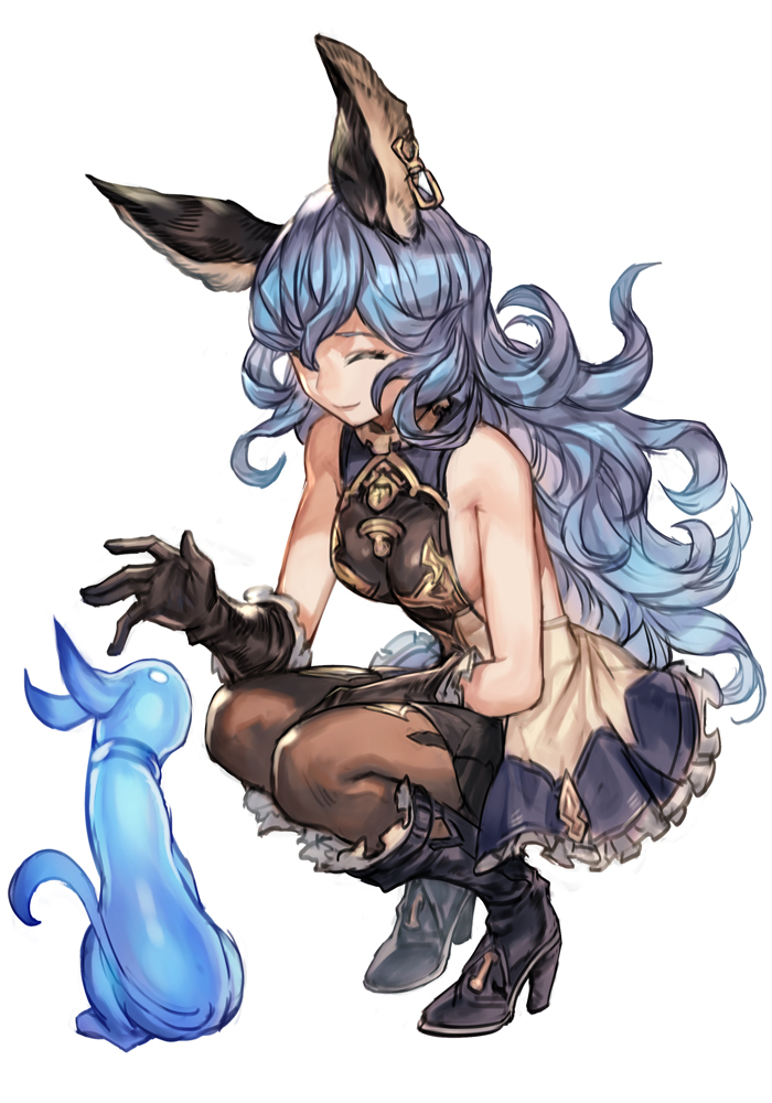 1girl animal animal_ears armpit_crease blue_hair boots breasts brown_gloves closed_eyes closed_mouth earrings erune ferry_(granblue_fantasy) frilled_skirt frills ghost gloves granblue_fantasy hair_between_eyes hankuri high_heels hankuri jewelry long_hair medium_breasts sideboob simple_background single_earring skirt solo squatting thigh-highs white_background