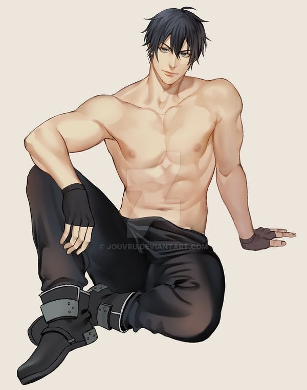 1boy abs ahoge alternate_breast_size arm_support artist_name black_footwear black_gloves black_hair black_pants boots closed_mouth collarbone commission crossed_legs deviantart_logo deviantart_username fingerless_gloves gloves grey_background jouvru kirito knee_up light_smile looking_at_viewer male_focus navel nipples pants pectorals shirtless short_hair simple_background sitting solo sword_art_online toned very_short_hair watermark