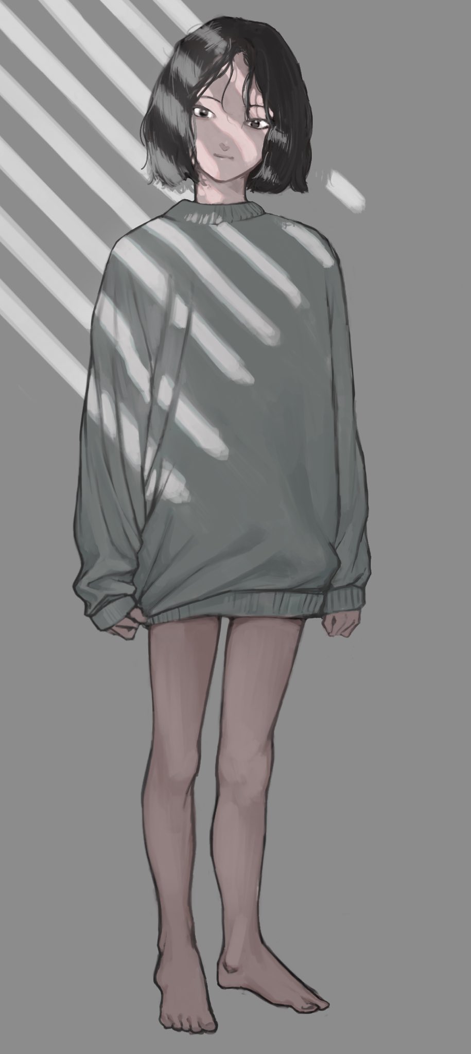 1girl asian bangs bare_legs barefoot black_eyes black_hair character_request closed_mouth copyright_request full_body grey_background highres kondate_(inugrm) light_smile long_sleeves looking_at_viewer short_hair simple_background sleeves_past_wrists solo standing sweatshirt toes