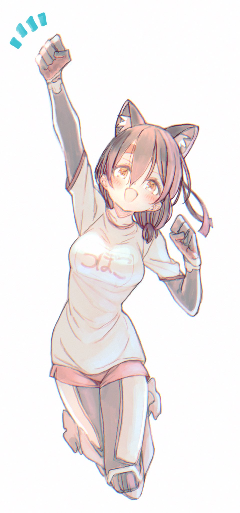 1girl alternate_costume animal_ear_fluff animal_ears blush breasts brown_hair cat_ears clenched_hands gym_uniform hair_between_eyes hand_up headband highres hololive jumping kemonomimi_mode looking_at_viewer medium_breasts nosir_onadat red_headband roboco-san short_hair solo virtual_youtuber white_background yellow_eyes