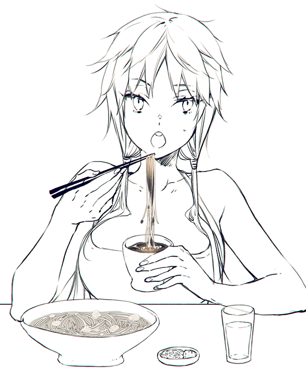 1girl bangs bare_shoulders bowl chopsticks collarbone commentary_request cup eating eyebrows_visible_through_hair facing_viewer food genderswap genderswap_(mtf) glass greyscale hair_ornament holding holding_chopsticks holding_food izumi_kouhei long_hair looking_at_viewer low_twintails monochrome noodles open_mouth pepper_fever simple_background sitting sleeveless solo twintails upper_body water white_background world_trigger