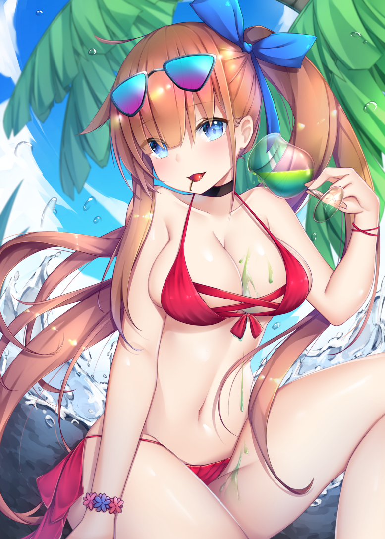 1girl ahoge bare_arms bare_shoulders bikini black_choker blue_eyes bow brown_hair candy choker eyewear_on_head fal_(girls_frontline) flower_bracelet food girls_frontline hair_bow halterneck iridescent lollipop long_hair looking_at_viewer mouth_hold navel open_mouth outdoors palm_leaf red_bikini side-tie_bikini side_ponytail sitting smile solo stomach string_bikini sunglasses swimsuit thighs umou_(may65879) very_long_hair