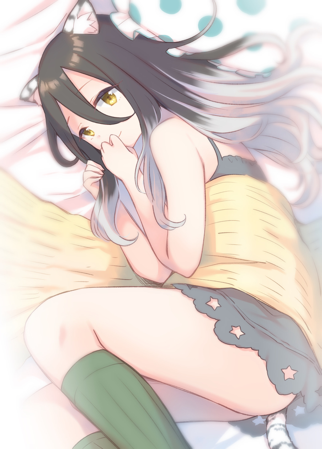 1girl animal_ear_fluff animal_ears bangs bare_arms bare_shoulders bed_sheet black_hair blanket brown_eyes closed_mouth commentary_request dress eyebrows_visible_through_hair frilled_pillow frills green_legwear grey_dress grey_hair gucchiann hair_between_eyes hands_up highres kneehighs long_hair looking_at_viewer lying multicolored_hair on_side pillow polka_dot polka_dot_pillow princess_connect! princess_connect!_re:dive ribbed_legwear shiori_(princess_connect!) sleeveless sleeveless_dress smile solo star_cutout tail tiger_ears tiger_girl tiger_tail two-tone_hair very_long_hair