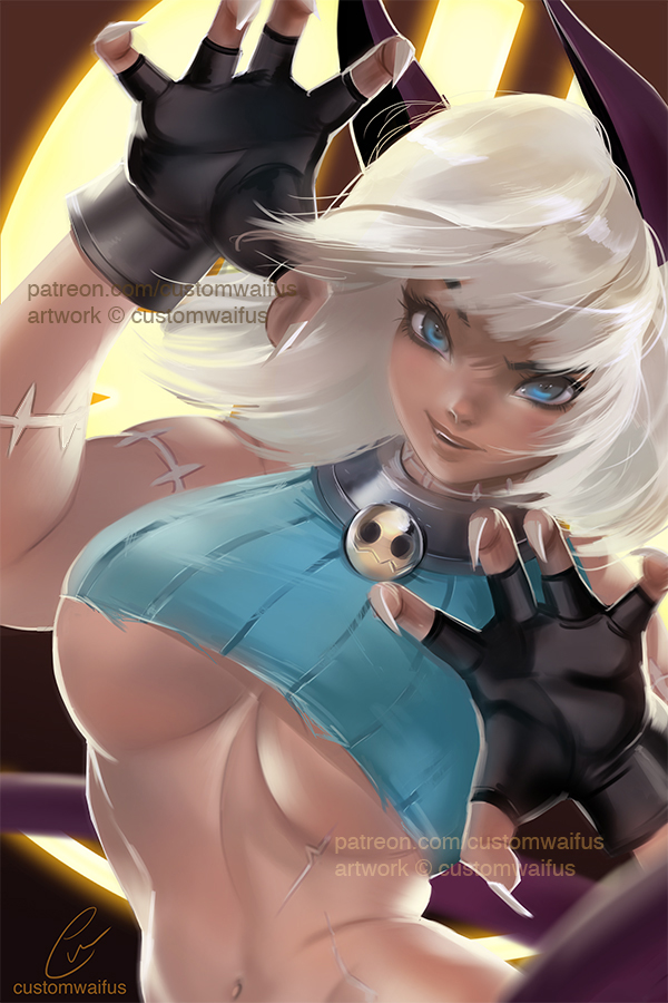 1girl animal_ears aqua_sweater artist_name bangs bell bell_collar black_collar black_gloves blue_eyes breasts cat_ears cat_girl claw_pose claws collar commentary crop_top custom_waifus dark_skin english_commentary face fang fingerless_gloves gloves large_breasts lips looking_at_viewer midriff ms._fortune_(skullgirls) navel patreon_username ribbed_sweater scar short_hair signature skullgirls smile solo stomach sweater torn_clothes under_boob watermark white_hair